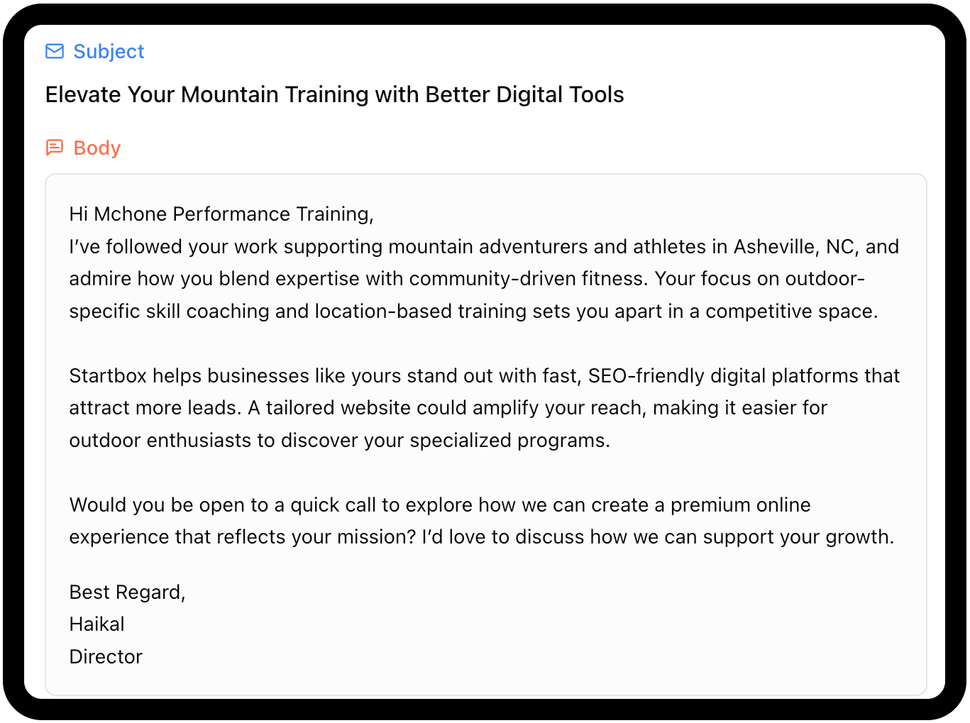 Reachly dashboard showing AI-generated personalized cold email with company insights